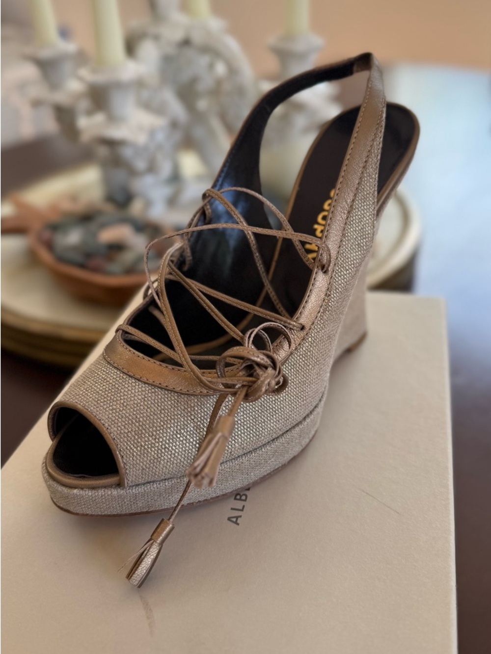 Philosophy di Alberta Ferretti Metallic Taupe Lace-Up Platform Slingback